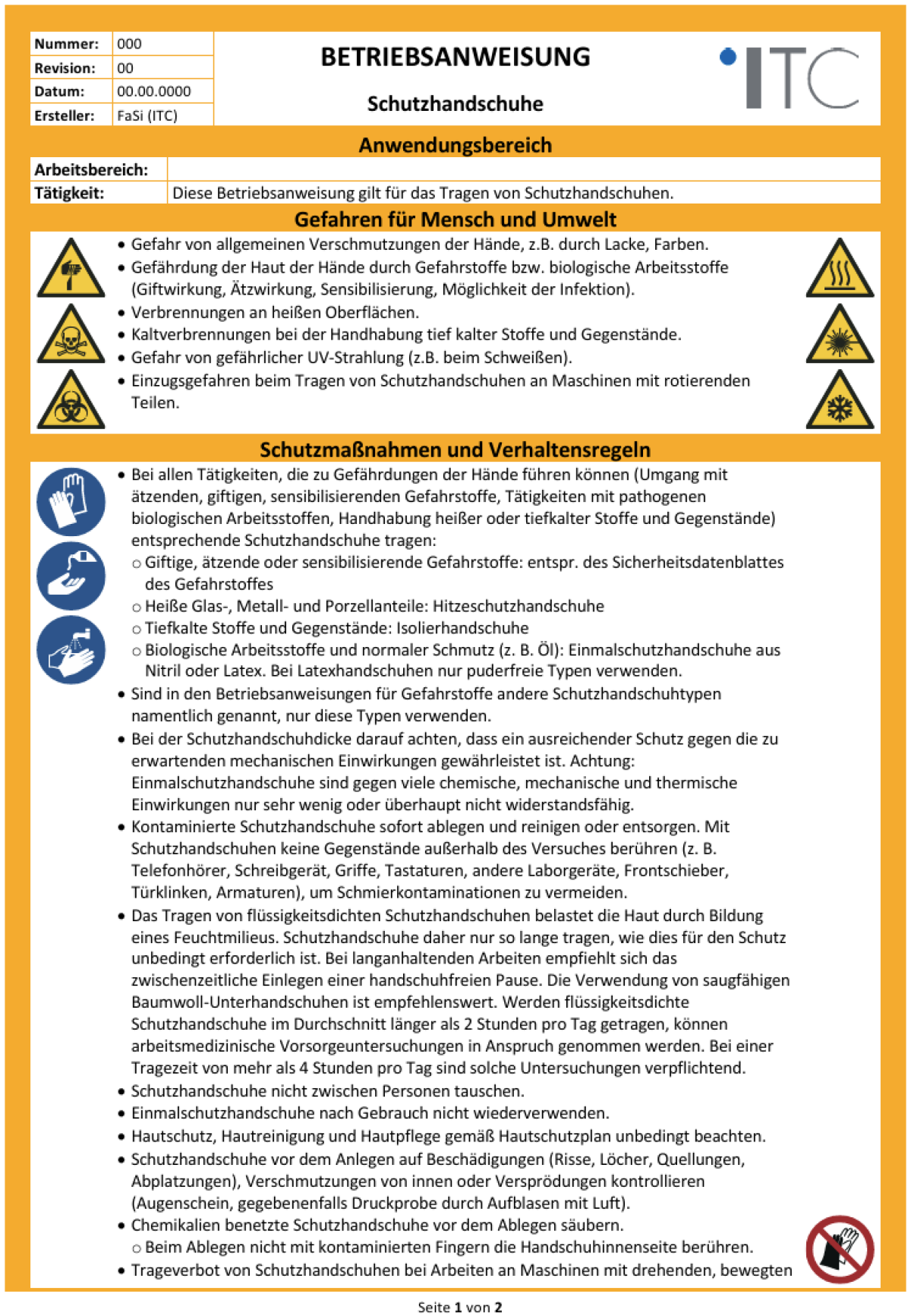 Vorschau: Betriebsanweisung – Schutzhandschuhe