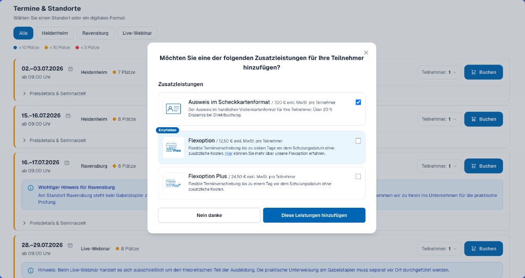 Bestell-Popup: Flexoption und Flexoption Plus lassen sich beim Buchen einfach als Zusatzleistung anhaken.